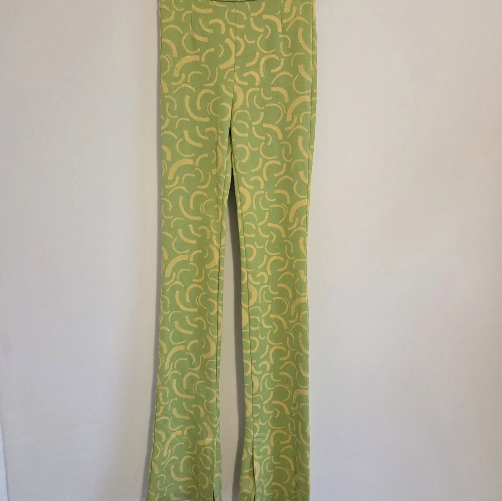 Zara Lime Green & Yellow Retro 70's Style Flared Jacquared Knit Pants NEW - Picture 3 of 9
